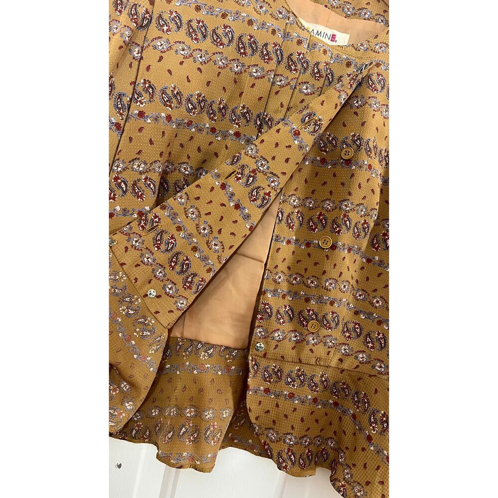 Vintage Japanese Floral Peplum Blouse 80s 90s Cottagecore Mustard Gold - Picture 11 of 15